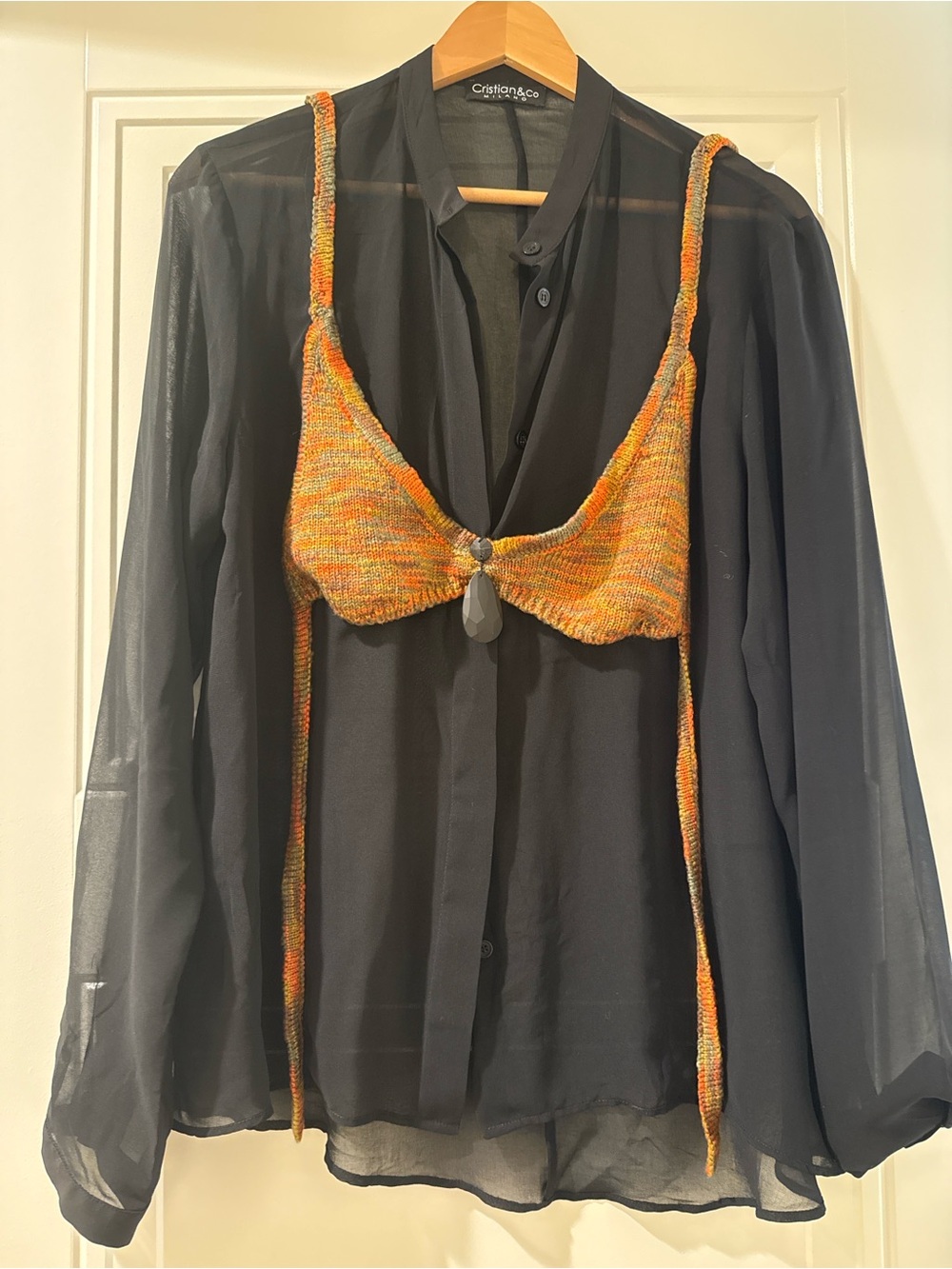 Black sheer blouse with Orange Multi Knit Crop Bralette with Gem Accent